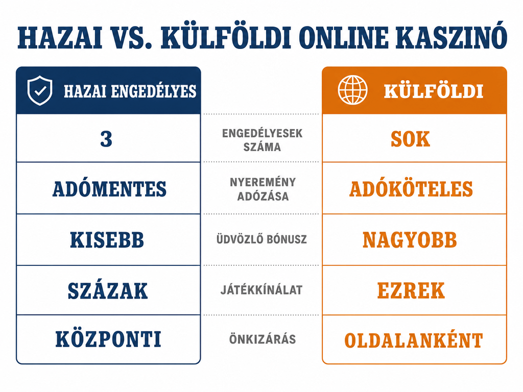 Hazai engedélyes és külföldi online kaszinó összehasonlítása: engedély, adózás, bónusz, játékkínálat és önkizárás